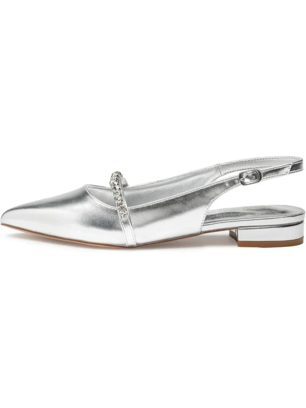 Women's Sliver Leather Slingback Flat Rhinestone Closed Pointed Toe Dressy Shoes